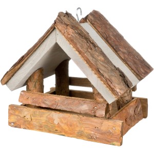 Vogelhaus mit grauer Rinde als Dach, aus Holz gefertigt.