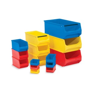 Sparset: 10 blaue Sichtlagerboxen 0,8L mit Abdeckung, gestapelt. Aufbewahrungssystem für Werkstatt, Lager, Garage.