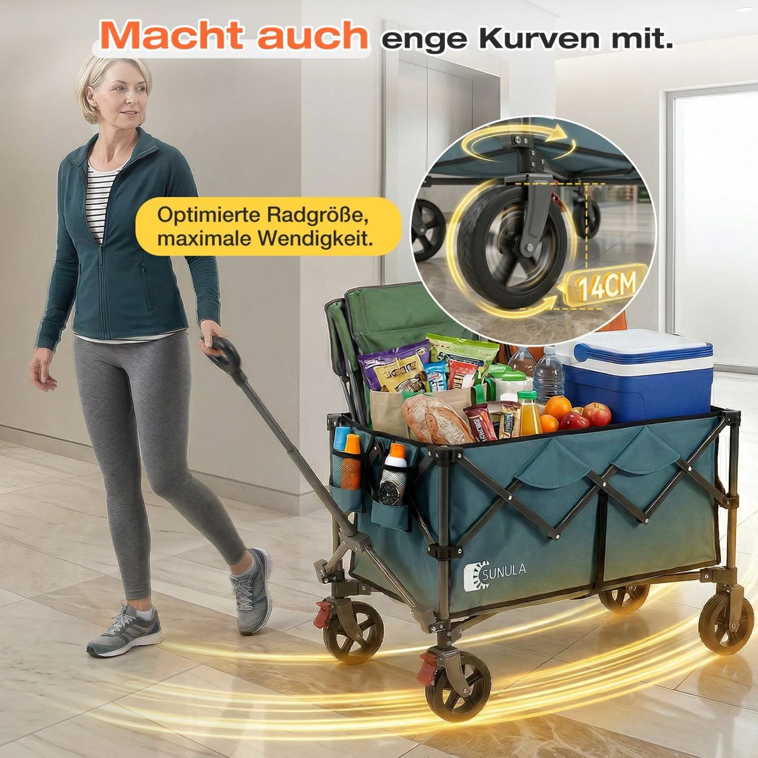 Grüner, faltbarer Sunula Bollerwagen mit Lebensmitteln und Getränken. Ideal für Camping.