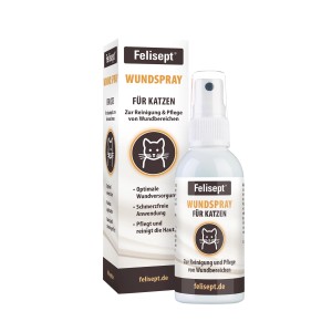 Felisept Wundspray für Katzen, 75ml Flasche und Verpackung. Zur optimalen Wundversorgung und Reinigung.