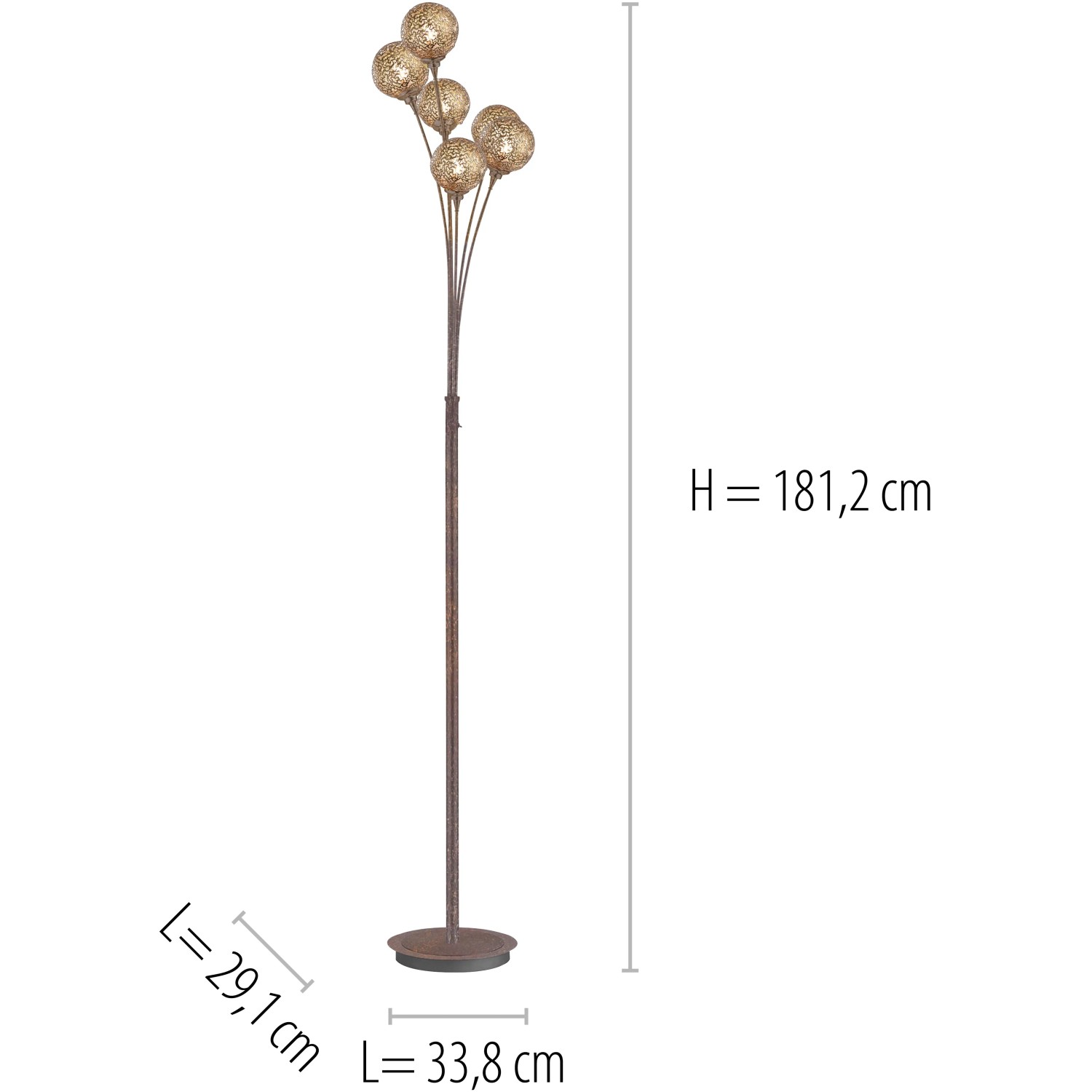 Paul Neuhaus Stehleuchte Greta, 6-flammig, rostfarben mit goldenen Leuchtkugeln, Höhe 181,2 cm.