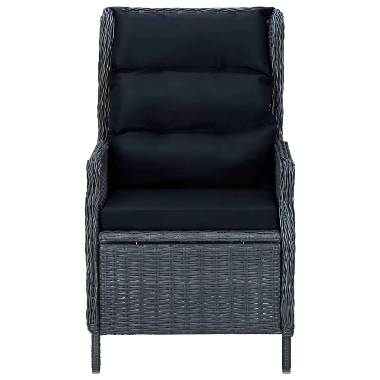 Dunkelgrauer Gartenstuhl mit schwarzen Kissen aus der vidaXL 5-tlg Essgruppe.