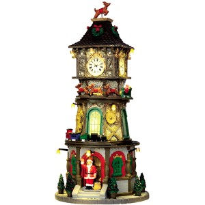 Weihnachtlicher Uhrenturm mit LED-Beleuchtung als Dekoration für ein Weihnachtsdorf.