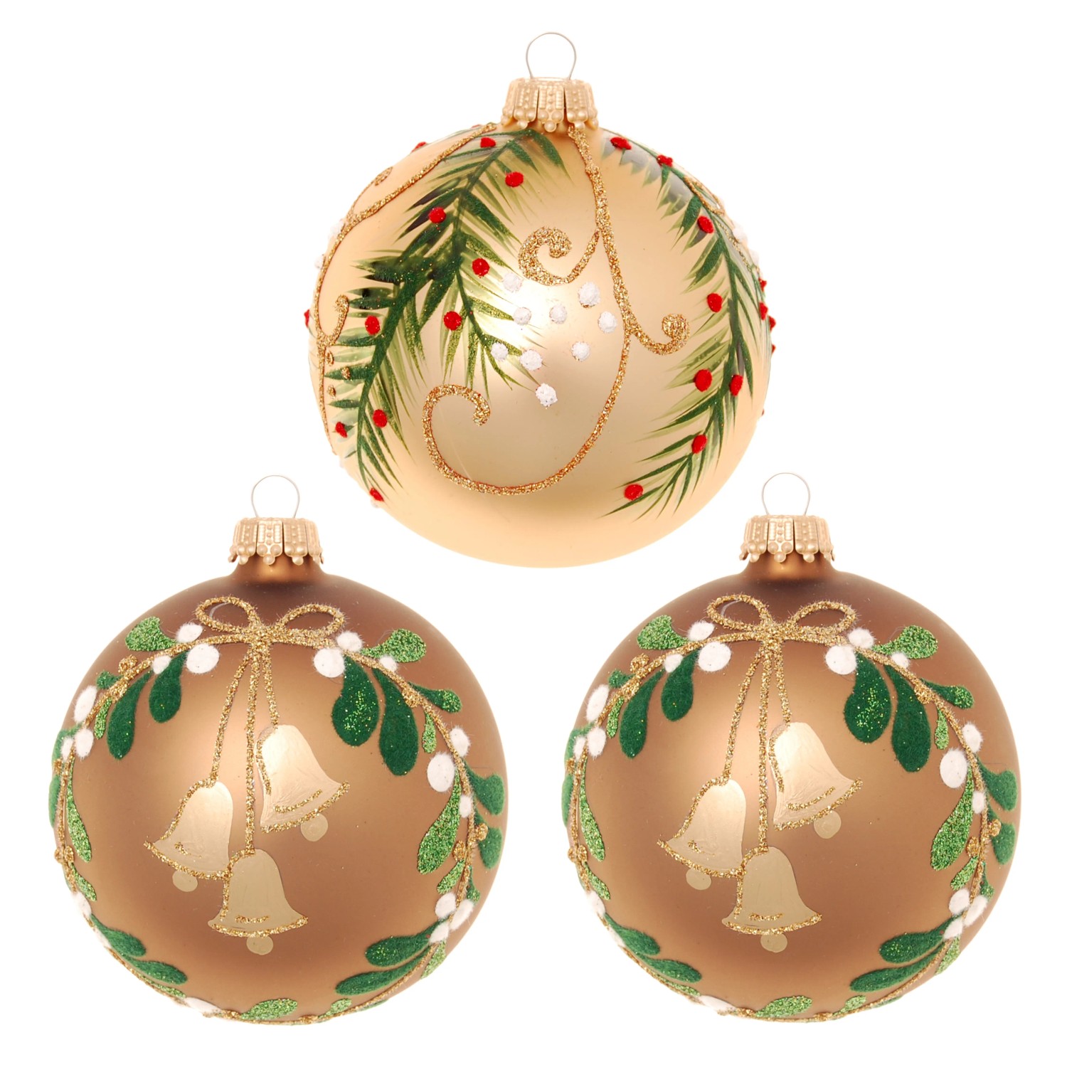 Krebs Glas Lauscha Weihnachtskugeln Walddekor, 3er Set, 8cm. Christbaumkugeln mit Glocken und Mistelzweigen.
