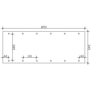 Maße des Skan Holz Walmdach-Carports Spreewald: 345 x 893 cm. Technische Zeichnung für Carport.