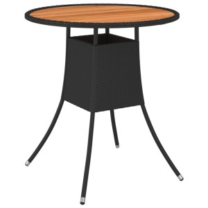 Schwarzer vidaXL Gartenmöbel-Tisch aus Rattan mit Akazienholzplatte für die Gartengarnitur.