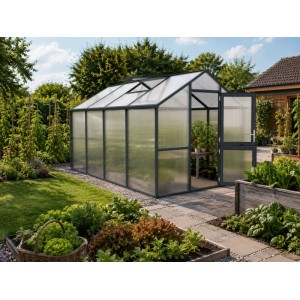 Anthrazit-graues KGT Gewächshaus Iris IV aus Aluminium mit Polycarbonat-Platten im Garten. Offene Tür, Dachfenster.
