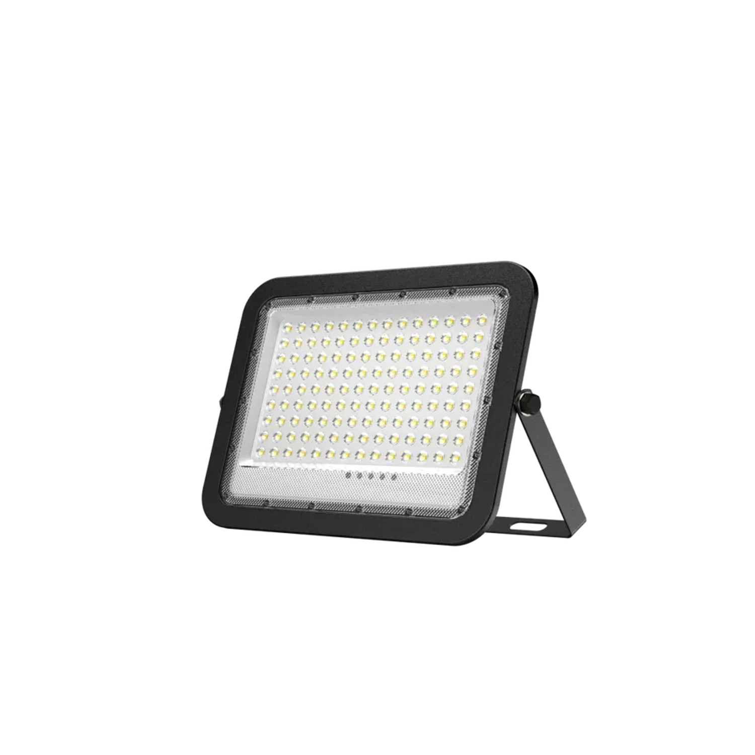 Schwarzer ENOVALITE Solarstrahler PRO 100W mit kaltweißem Licht und Dämmerungssensor.