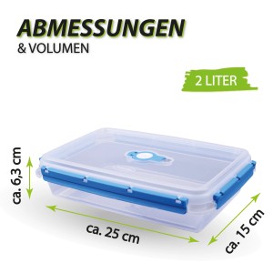 Bestlivings Frischhaltebox Fresh System, 2 Liter, blau, mit Maßangaben.