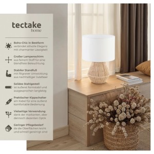 Tectake Tischleuchte Lignea Lux im Boho Stil mit weißem Schirm und natürlicher Jutefaser-Umwicklung. Blendfreies Licht für Innenräume.