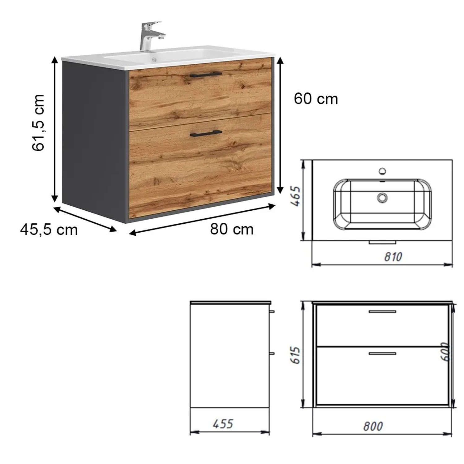 Vicco Badmöbel-Set Lanco in Anthrazit/Goldkraft Eiche, 80 cm breit, mit Waschbecken.