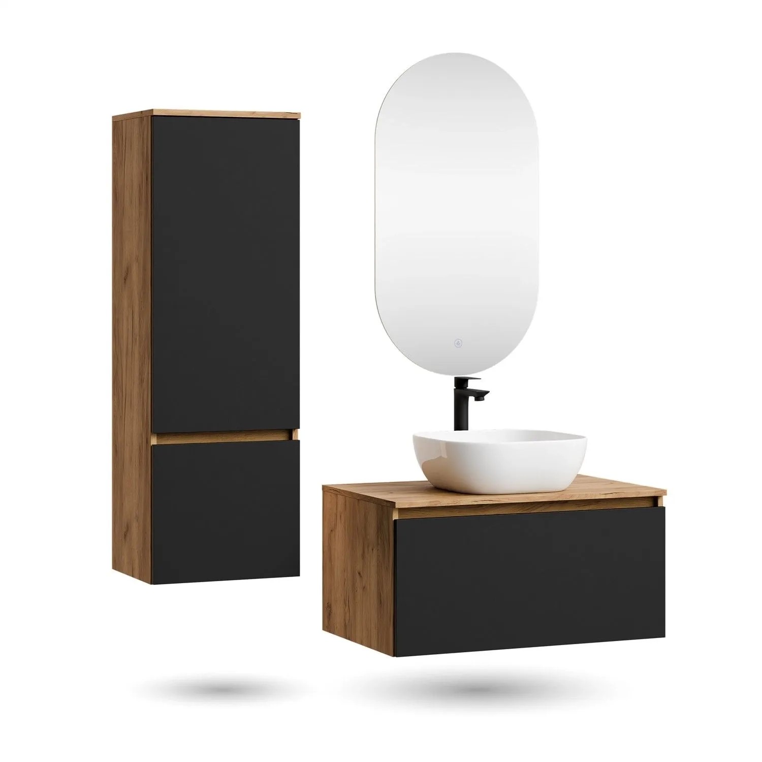 Planetmöbel ARISA Badmöbel Set 80 cm Schwarz mit Hochschrank LED Spiegel Dimmbar und Keramik Aufsatzwaschbecken 42 cm Schwarz