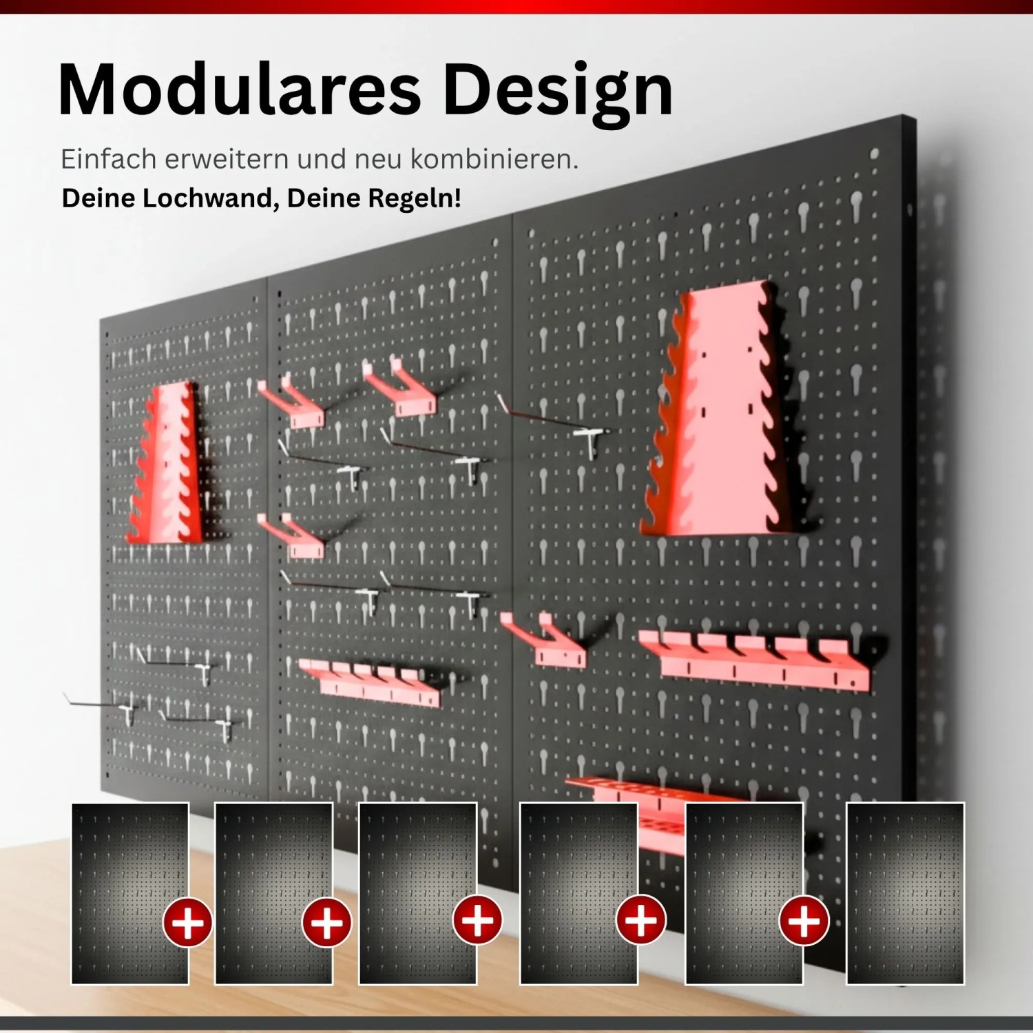 PROREGAL Werkzeug Lochwand Set: Modulare schwarze Metallplatten mit roten Haken & Halterungen für Werkstatt-Organisation.