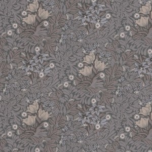 Graue Vliestapete Tadessi Floral mit dichtem Blumenmuster aus beigen und hellblauen Blüten und Blättern. Dekorative Tapete.
