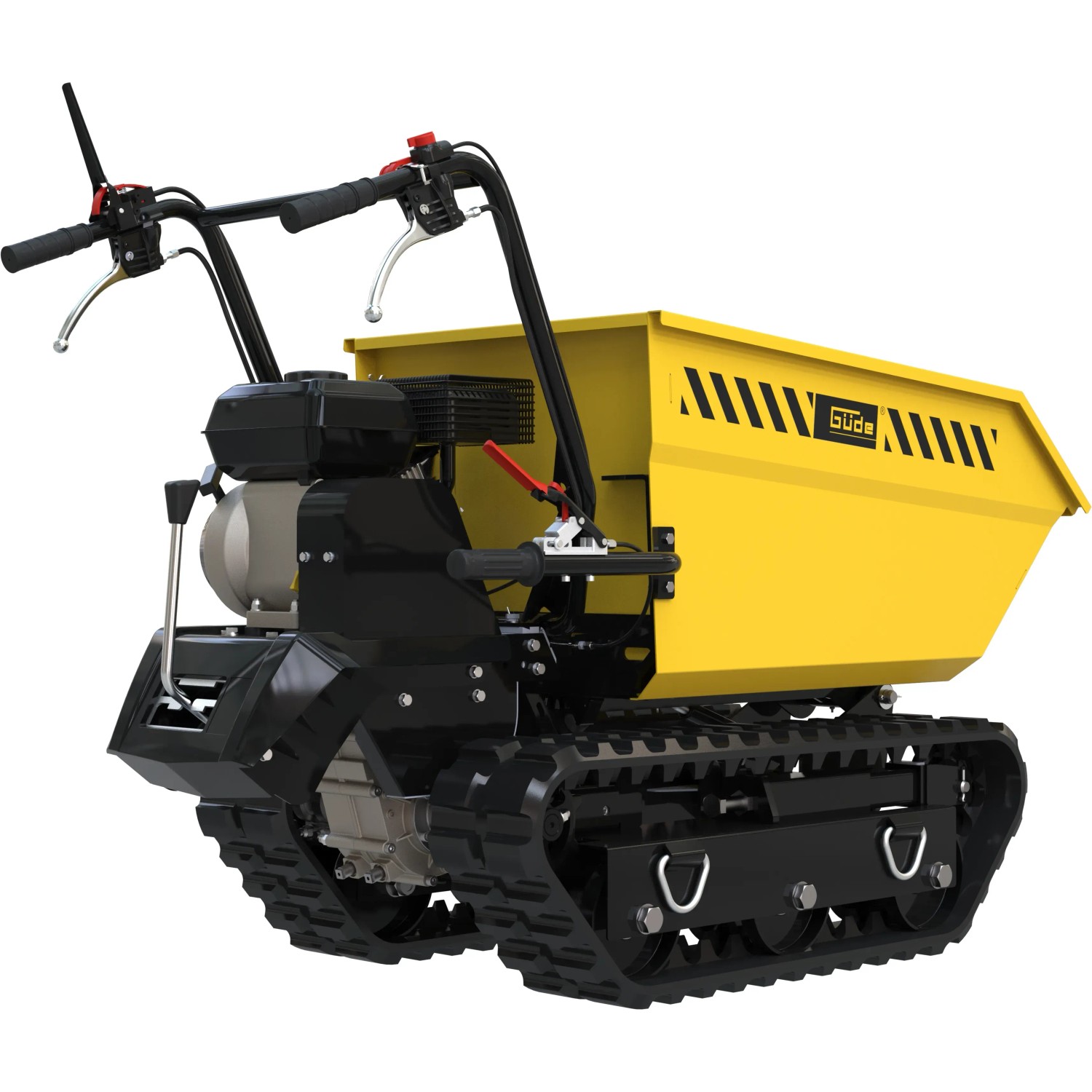 Güde Raupendumper GRD 400/R, gelb-schwarz, mit Raupenantrieb und kippbarem Behälter für bis zu 400 kg.