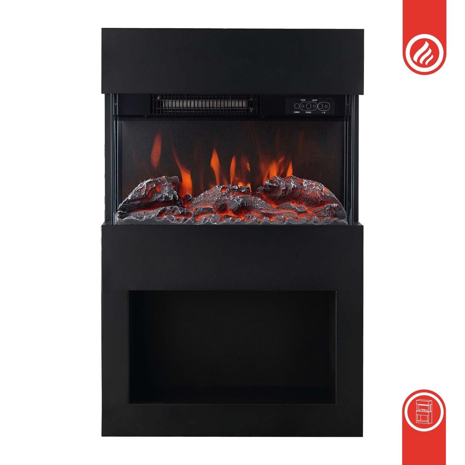 Schwarzer Kaminio Elektrokamin Henri mit 3D-Flammeneffekt und Holzfach.