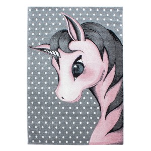 Ayyildiz Kinderteppich Kids 590 Pink mit Einhorn-Motiv und grauen Punkten.