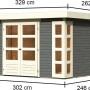 Karibu Holz-Gartenhaus Sölve, terragrau, mit Maßangaben. Flachdach-Gartenhaus aus lackiertem Holz.
