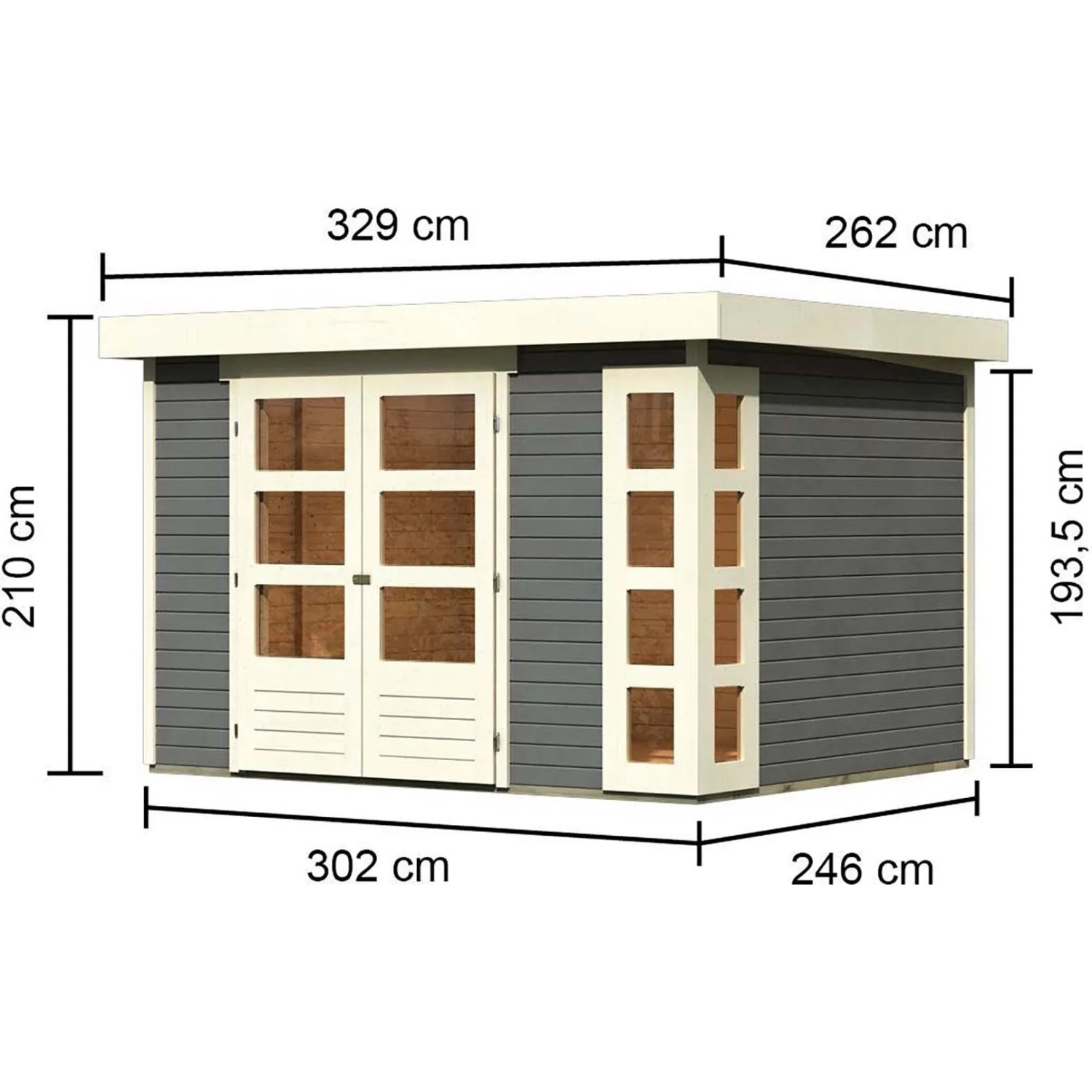 Karibu Holz-Gartenhaus Sölve, terragrau, mit Maßangaben. Flachdach-Gartenhaus aus lackiertem Holz.
