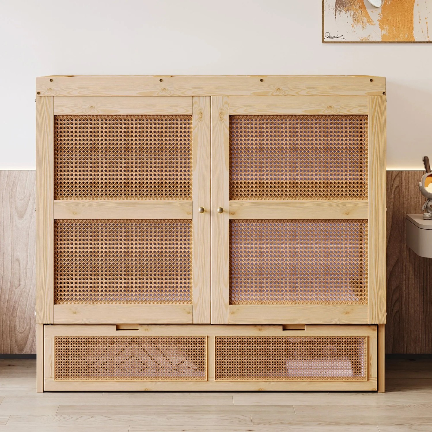 Geschlossenes Merax Schrankbett 140x200cm in Holzfarbe mit Rattan-Türen und Schubladen.