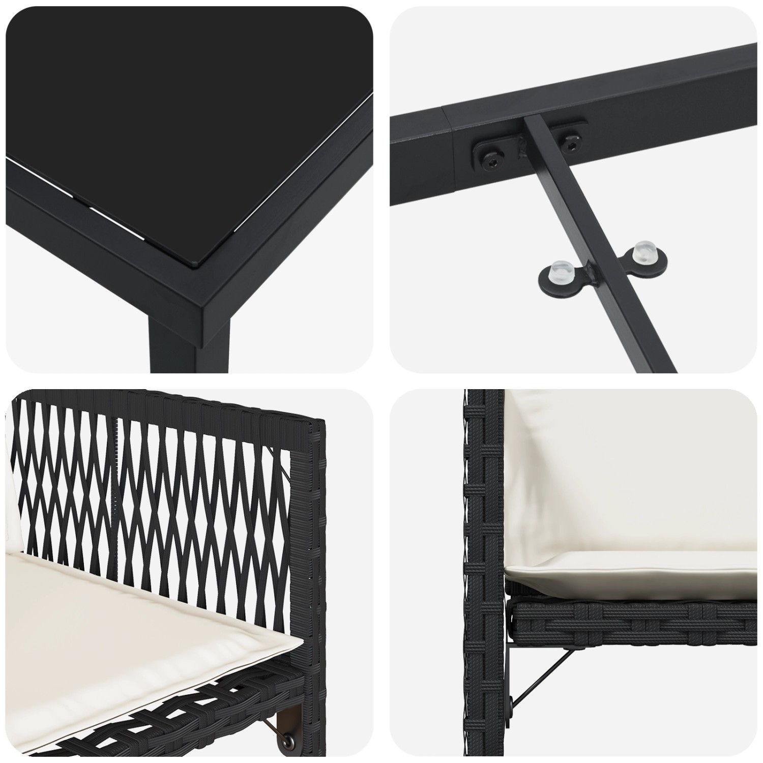 Detailansicht: Schwarze vidaXL Garten Essgruppe, 5-teilig, Poly Rattan, Tisch mit Glasplatte, Stühle mit Sitzkissen.