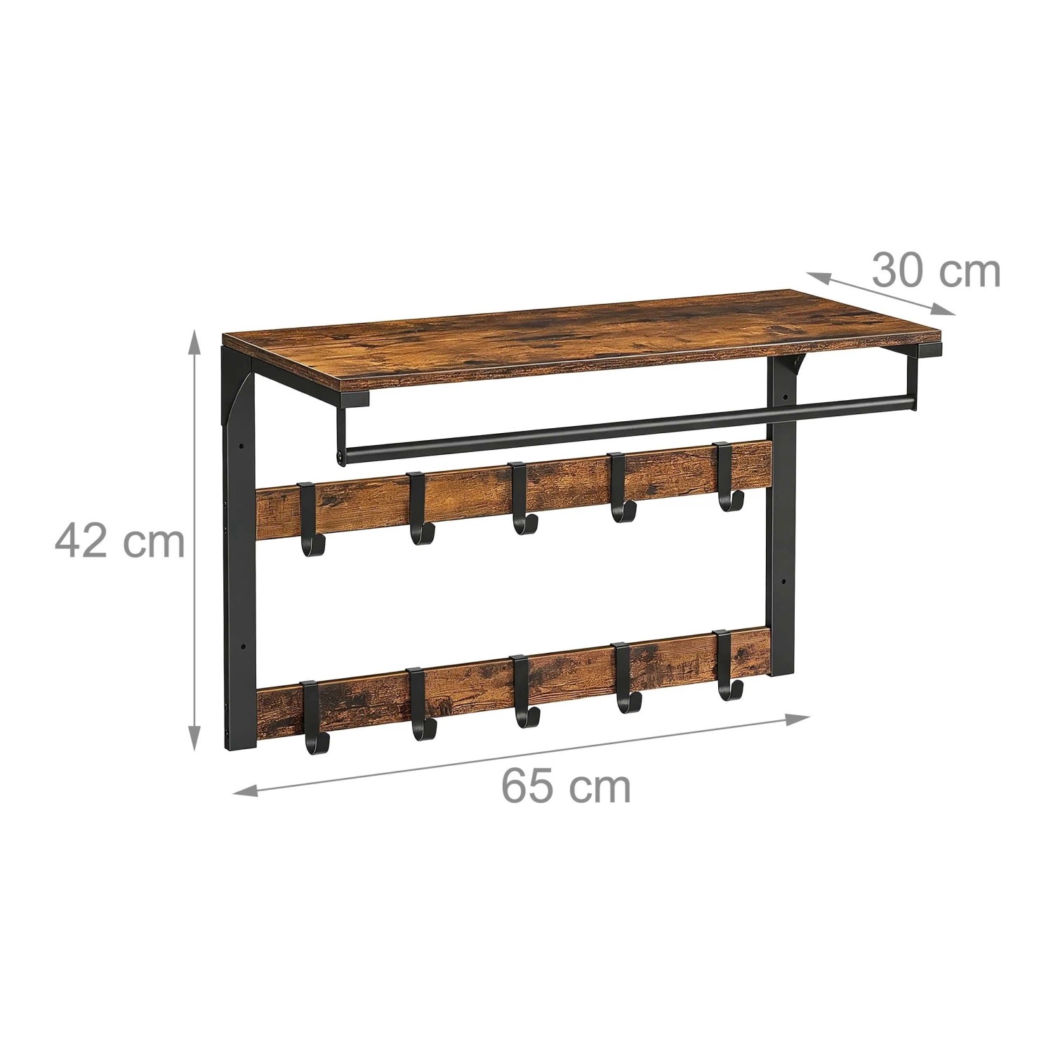Vintage Wandgarderobe 65 cm: braune MDF-Ablage, schwarze Kleiderstange, 10 Haken für Flur & Bad.