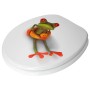 Sanilo WC-Sitz Froggy aus Holz mit Frosch-Motiv und Schwimmreifen auf einem weißen Toilettendeckel.