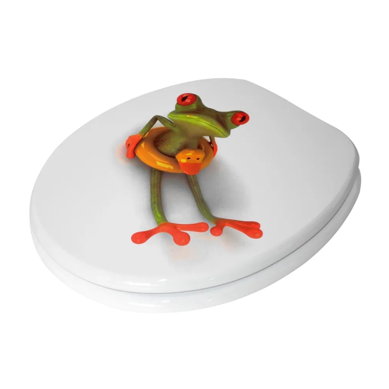 Sanilo WC-Sitz Froggy aus Holz mit Frosch-Motiv und Schwimmreifen auf einem weißen Toilettendeckel.