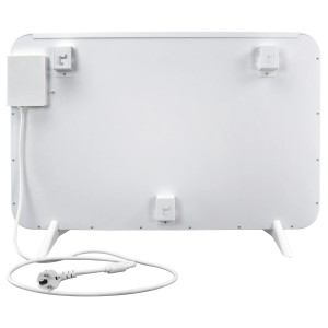 Weißes E2 Elektro Heizpaneel Infrae² Alea S 350 W mit Standfüßen und Kabel.