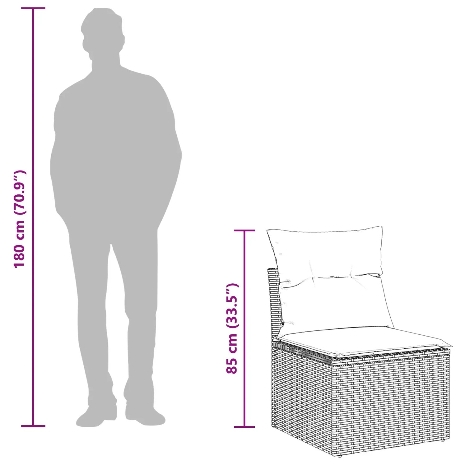 vidaXL Gartenmöbel Set, 8-teilig, grau, Poly Rattan, mit Kissen und Größenangabe.