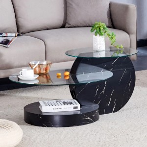 Schwarzer Couchtisch mit Marmor-Optik, zwei runden Glasplatten und Ablageflächen für ein modernes Wohnzimmer.