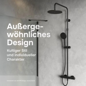 Schwarzes AM.PM Duschsystem mit Thermostat, Regendusche und Handbrause an grauer Wand. Modernes Duschset aus Messing.