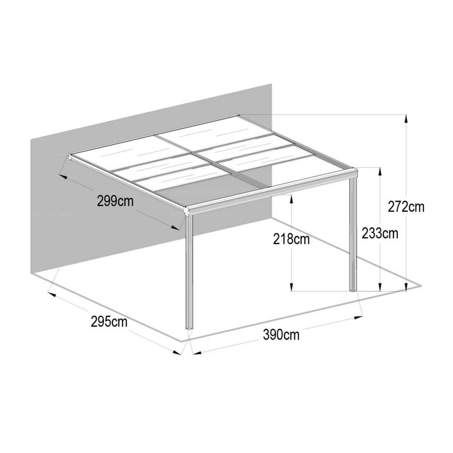 Skizze der Home Deluxe Terrassenüberdachung Solis Deluxe, 390x295 cm, anthrazit, mit Maßangaben.