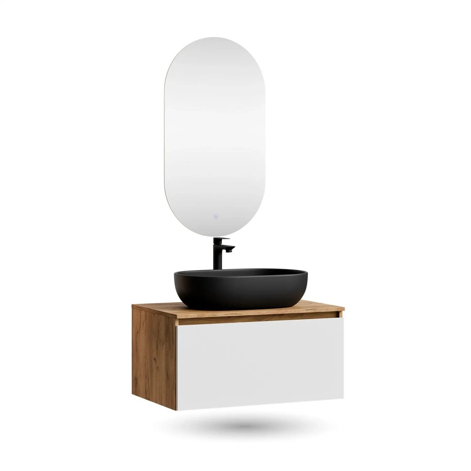 Planetmöbel ARISA Badmöbel Set 80 cm Weiß mit Keramik Aufsatzwaschbecken 60 cm Schwarz und LED Spiegel Dimmbar Soft Close