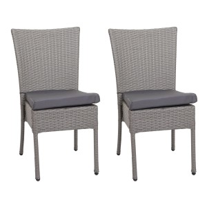 2er-Set graue MCW Poly-Rattan Gartenstühle mit dunkelgrauen Kissen.