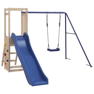 vidaXL Spielturm aus Massivholz Kiefer mit blauer Rutsche, Schaukel und Kletterwand für Kinder im Garten.