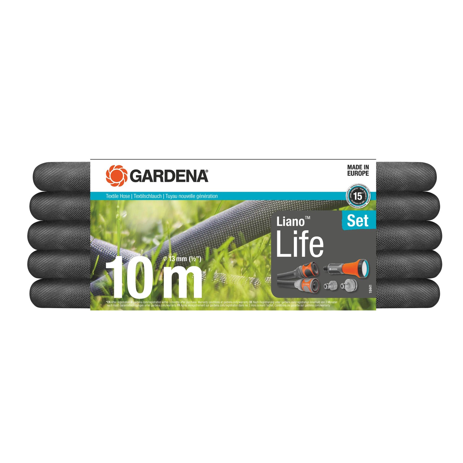 Gardena Liano Life Gartenschlauch-Set, 10 m, mit Brause und Zubehör.