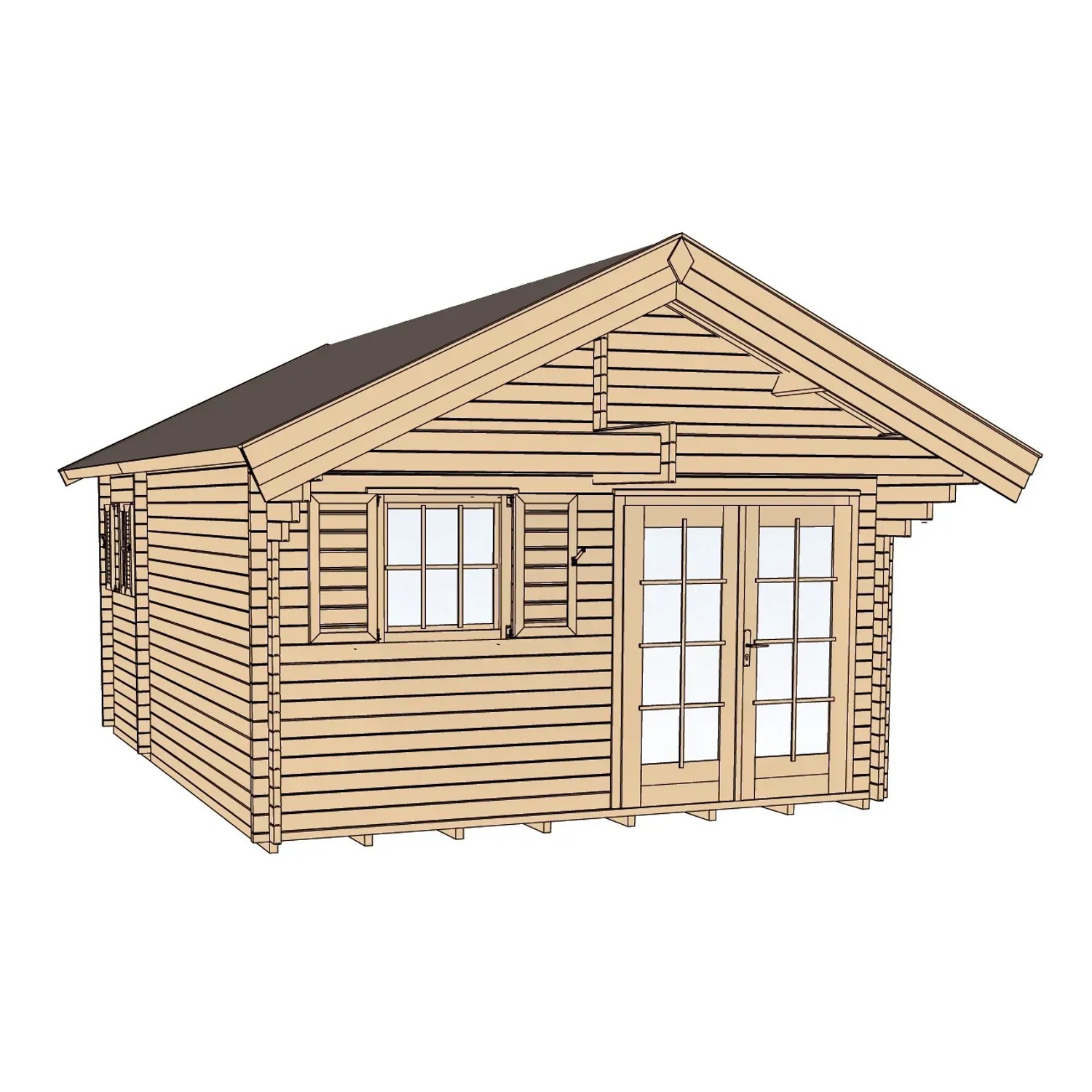 Holz-Gartenhaus 155 mit Satteldach, unbehandelt, 500x690 cm. Naturholz mit Fenster und Doppeltür.