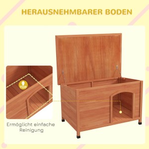Offene PawHut Hundehütte aus Holz mit abnehmbarem Boden für einfache Reinigung.