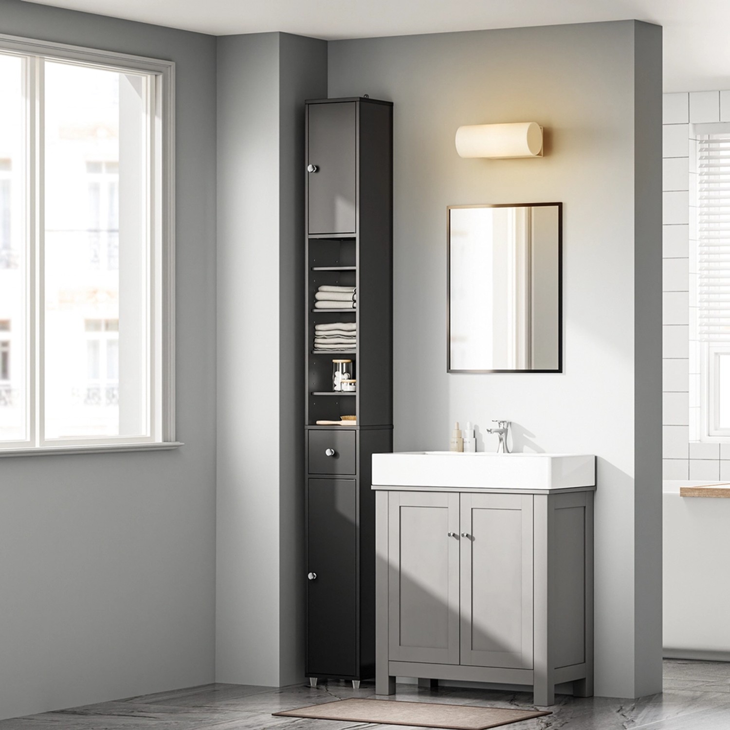 SoBuy Bad Hochschrank BZR34-II-SCH mit 6 Böden, schmal und hoch, für Badmöbel-Sets.