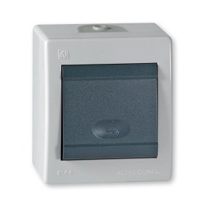 Grauer Aling-Conel Aufputz Klingeltaster, IP44, für den Außen- und Innenbereich.