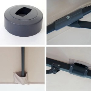 Details des creme-farbenen MCW Ampelschirm A96 3x3m: Fuß, Streben, Mast und Befestigung.