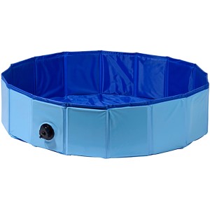 Blauer, runder Dobar Hundepool Gr. S aus Kunststoff für den Garten.