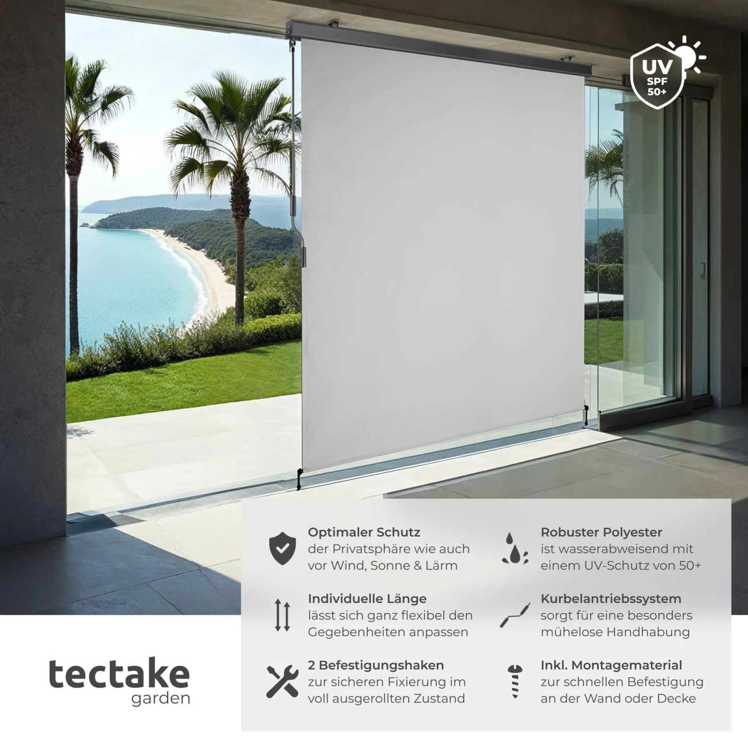 Tectake Senkrechtmarkise Eloise, hellgrau, 160x250 cm, als Sonnenschutz und Sichtschutz auf Terrasse/Balkon.
