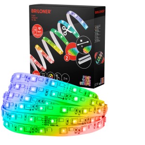 Briloner LED-Band Starter-Set mit RGB/W Funktion, 2m, neben Produktverpackung.