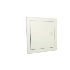 Weiße Marley Revisionstür, 150x150 mm, aus verzinktem Stahlblech für Gipskarton.