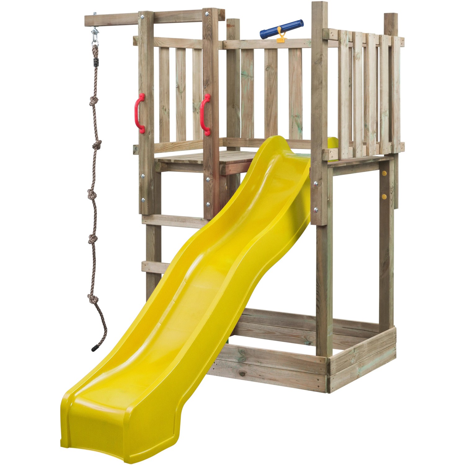 SwingKing Spielturm Mario mit gelber Rutsche, Kletterseil und Teleskop.
