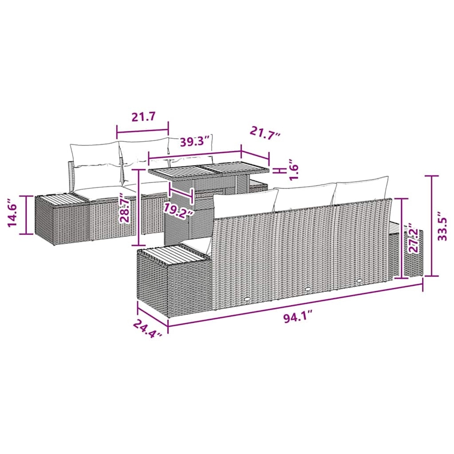 vidaXL Garten-Sofa-Set, 7-teilig, schwarz, Poly Rattan, mit Maßangaben.
