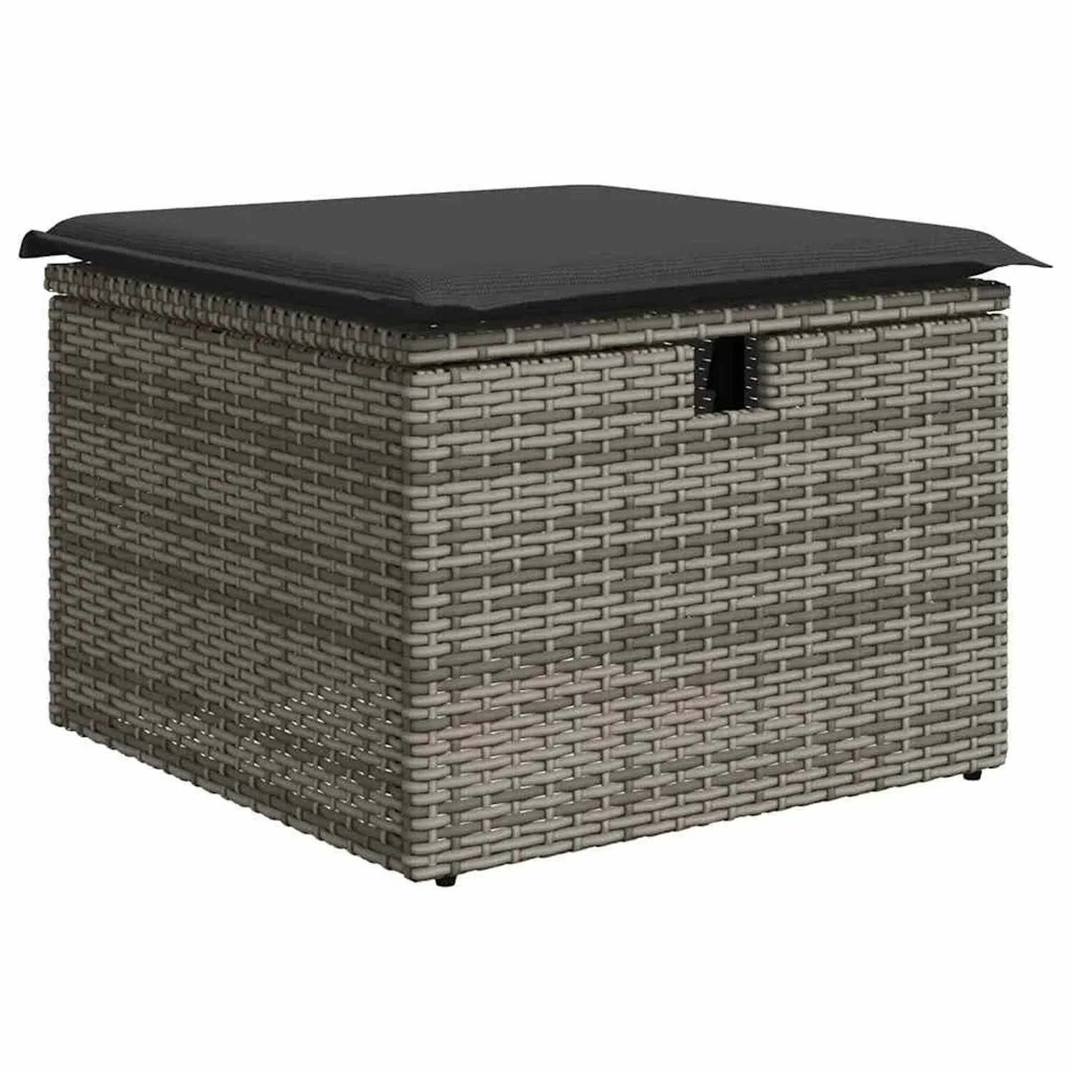 Grauer vidaXL Gartenmöbel-Fußhocker aus Rattan mit dunklem Kissen und Stauraum.