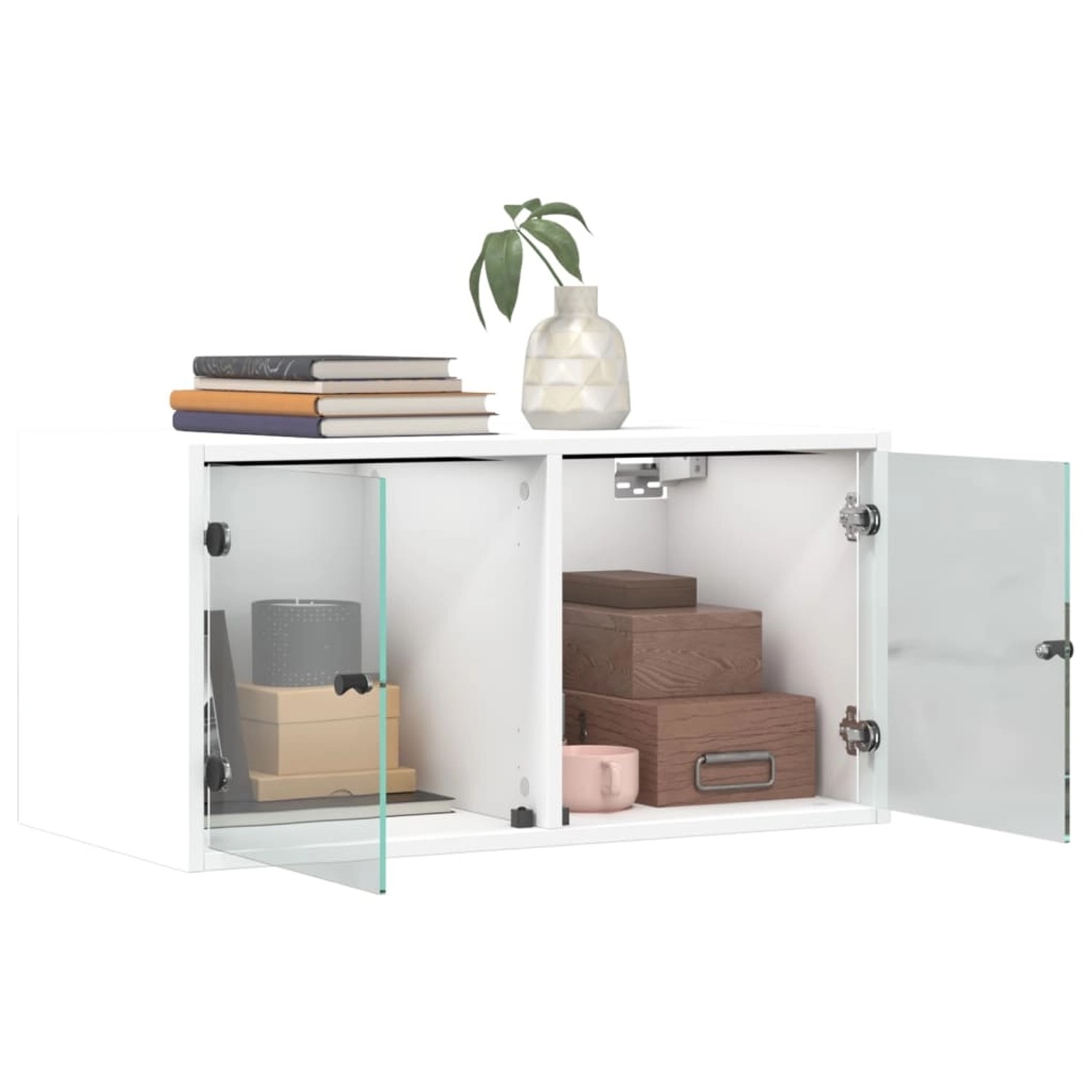Zwei weiße vidaXL Wandschränke mit Glastüren, ideal für Büro oder Wohnzimmer.